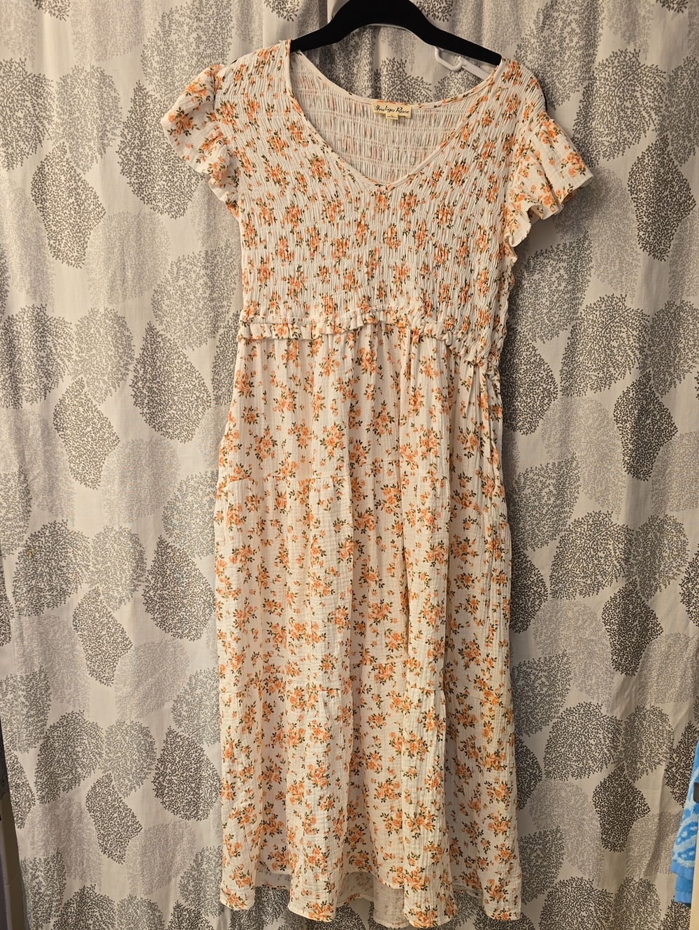 Smocked Ivory Midi Dress with Peach Floral Print